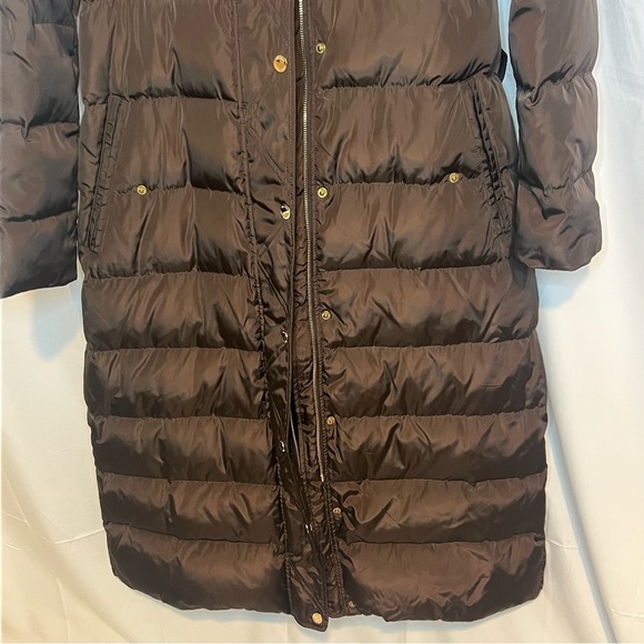 Michael Kors Brown Long Puffer Coat Belted Gold Logo Accents Women's Size L - Picture 7 of 11